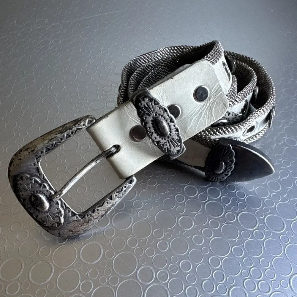 Vintage Boho Western Mesh Chain Concho Belt White Leather Inlay Ornate Y2K